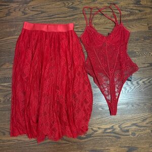 Matching Set Guess Red Lace Bodysuit & Skirt